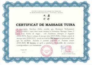 Certificat massage chinois Tuina- Médecine Traditionnelle Chinoise
